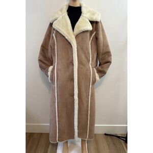Angelina Womens 80s 90s Vintage Beige Cream Suede Faux Fur Shearling Coat Size L
